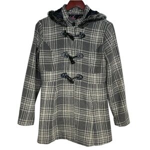 Say What Gray Plaid Coat w/ Hood and Toggle Closure Size L